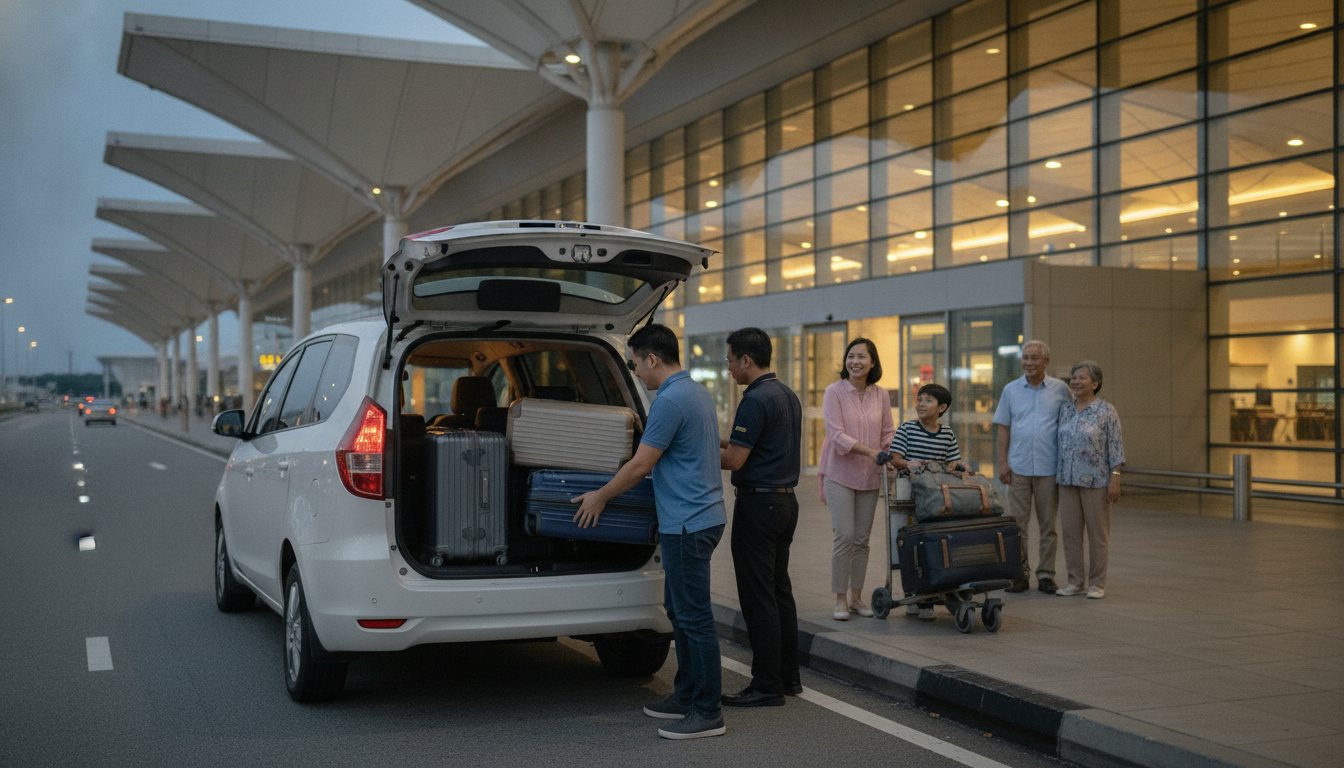A family unloading suitcases from a white Proton Exora at the KLIA departure hall drop-off in the early morning, with the grandparents waiting by the doors