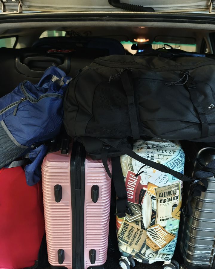 Suitcases packed into the boot of our white Proton Exora on a real trip